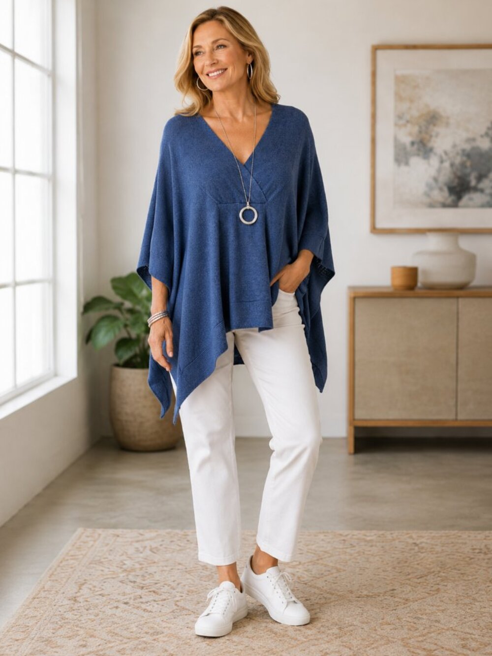 MarlaWynne SZ M/L Cotton Viscose Blue Everywhere V Neck Poncho Sweater NWT